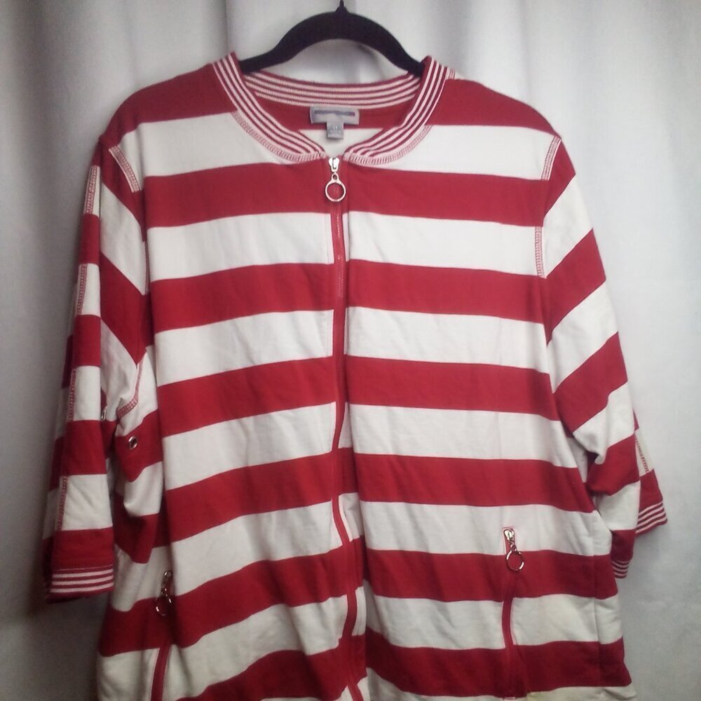 Sport Savvy Jacket 2X Full Zip 3/4 Sleeve Zipper Pockets Stripe Red White